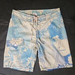 True Religion Men Swim Board Shorts Size 36 Blue Abstract Tie Dye Beach